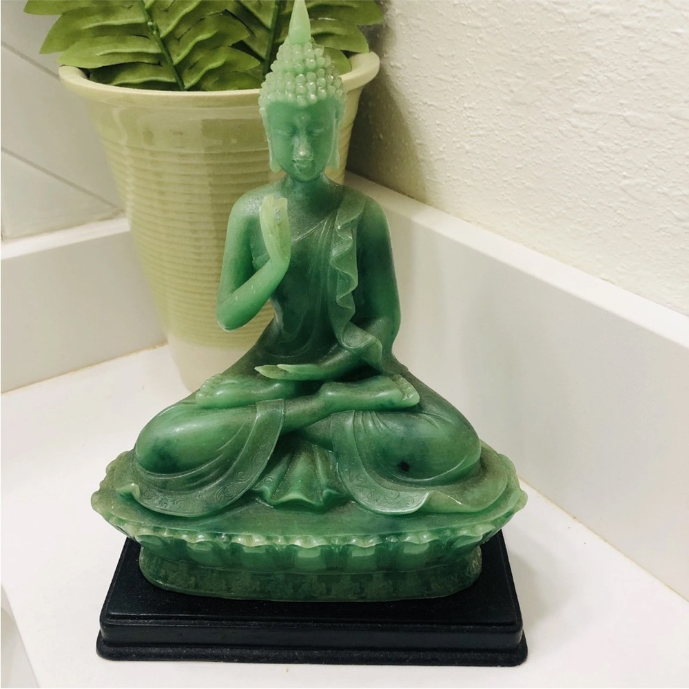 Vintage Temple Buddha Statue Sukhothai Thai Style Faux Jade Green 8”